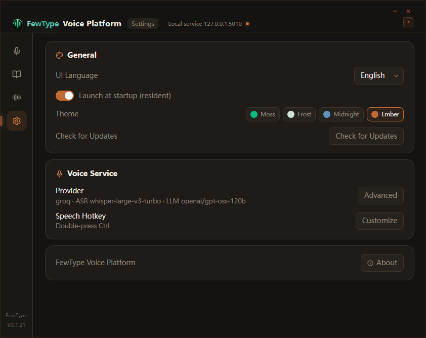 Ember theme — settings screen